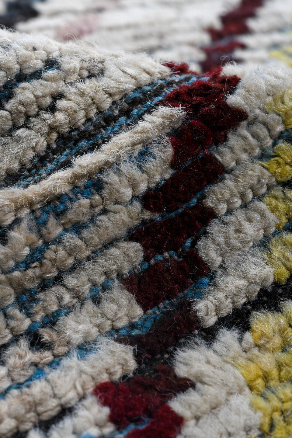 18' x 20' one-of-a-kind handmade vintage Tulu oversize rug. Color palette: ivory, burgundy, sky_blue, saffron, coral