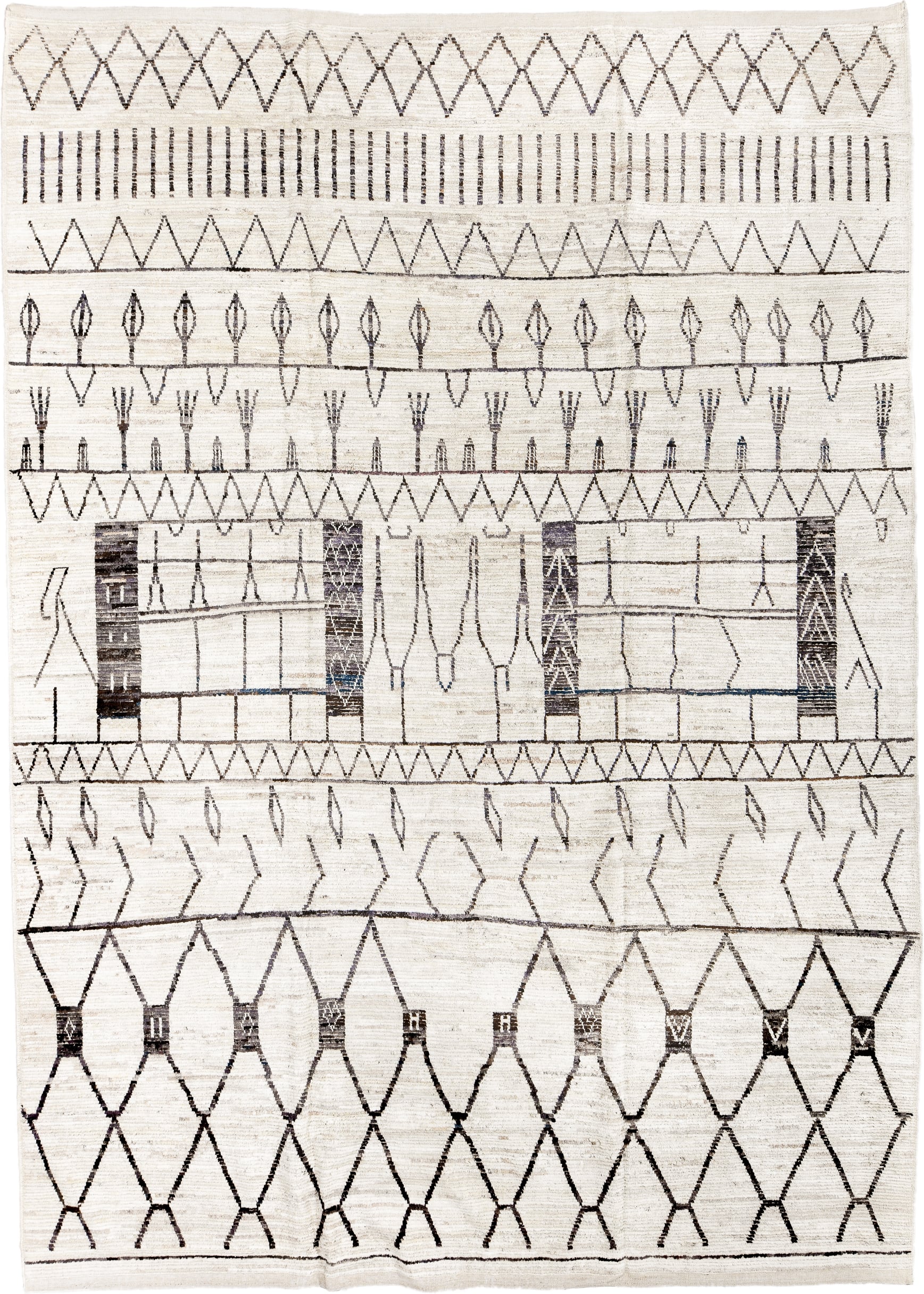 10' x 14' one-of-a-kind handmade vintage Tulu large size rug. Color palette: ivory, charcoal, taupe, gray, black, beige