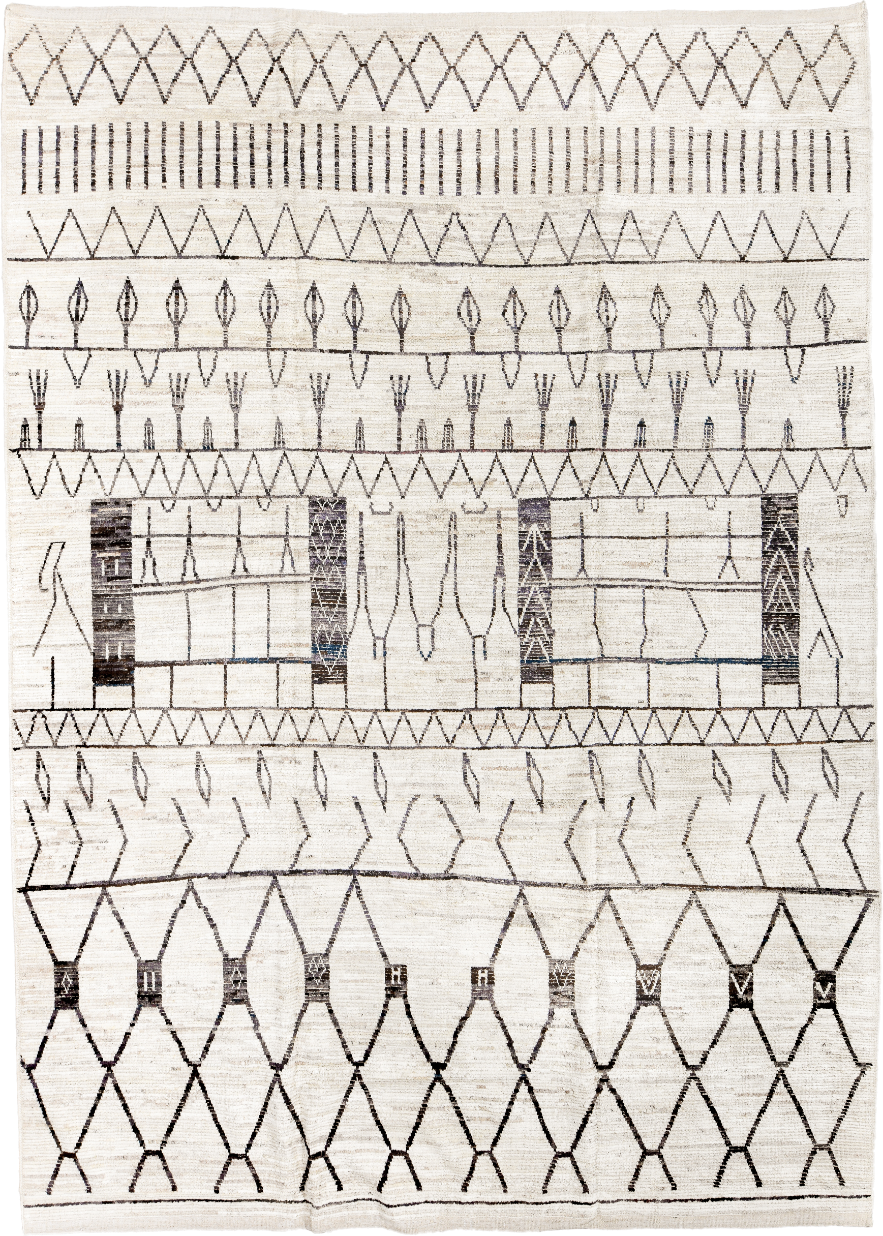 10' x 14' one-of-a-kind handmade vintage Tulu large size rug. Color palette: ivory, charcoal, taupe, gray, black, beige