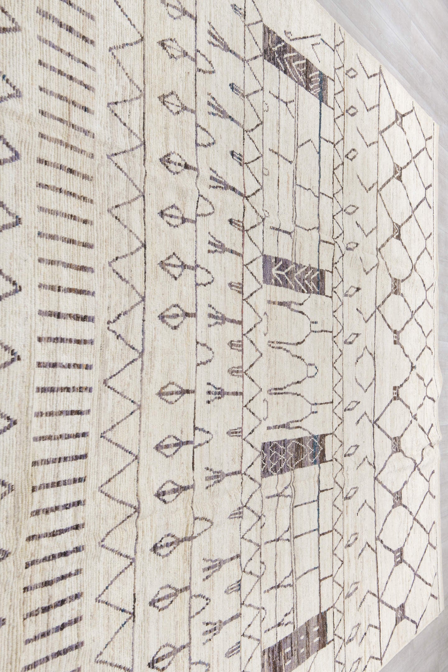 10' x 14' one-of-a-kind handmade vintage Tulu large size rug. Color palette: ivory, charcoal, taupe, gray, black, beige