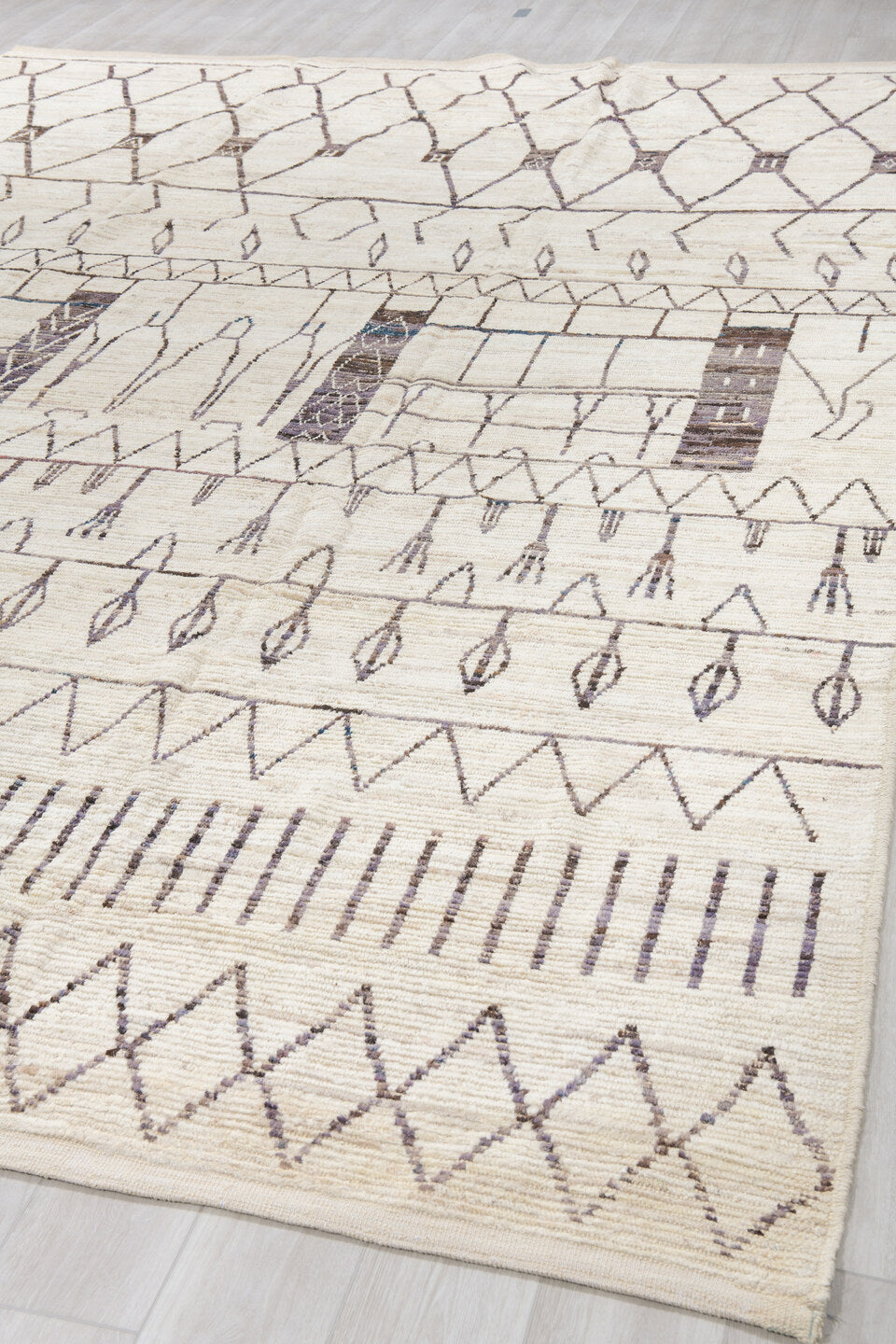 10' x 14' one-of-a-kind handmade vintage Tulu large size rug. Color palette: ivory, charcoal, taupe, gray, black, beige