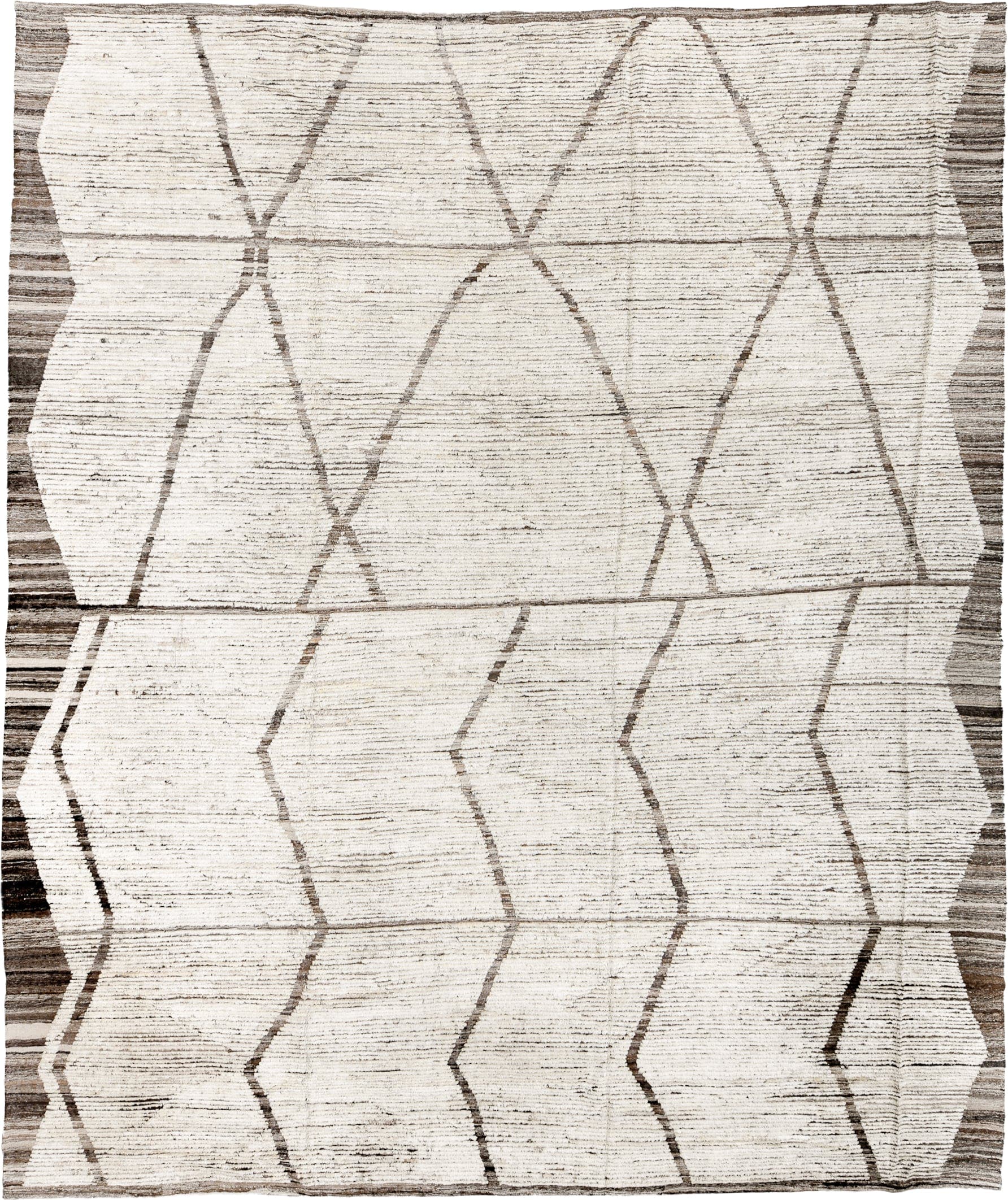 11' x 13' one-of-a-kind handmade vintage Tulu oversize rug. Color palette: ivory, taupe, charcoal, brown, cream, beige, gray