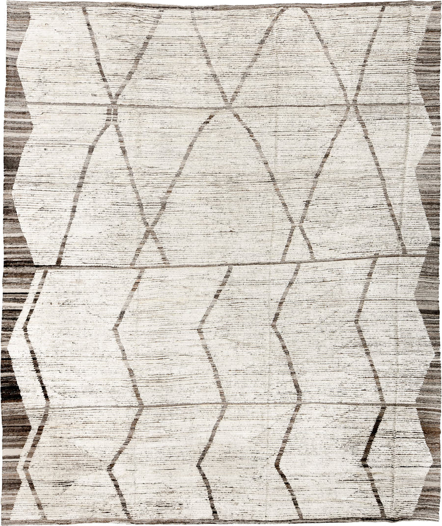 11' x 13' one-of-a-kind handmade vintage Tulu oversize rug. Color palette: ivory, taupe, charcoal, brown, cream, beige, gray