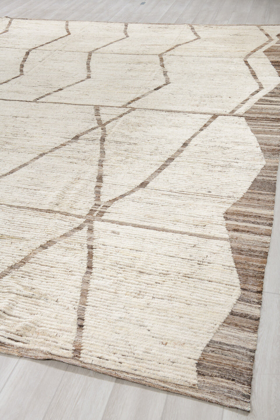 11' x 13' one-of-a-kind handmade vintage Tulu oversize rug. Color palette: ivory, taupe, charcoal, brown, cream, beige, gray