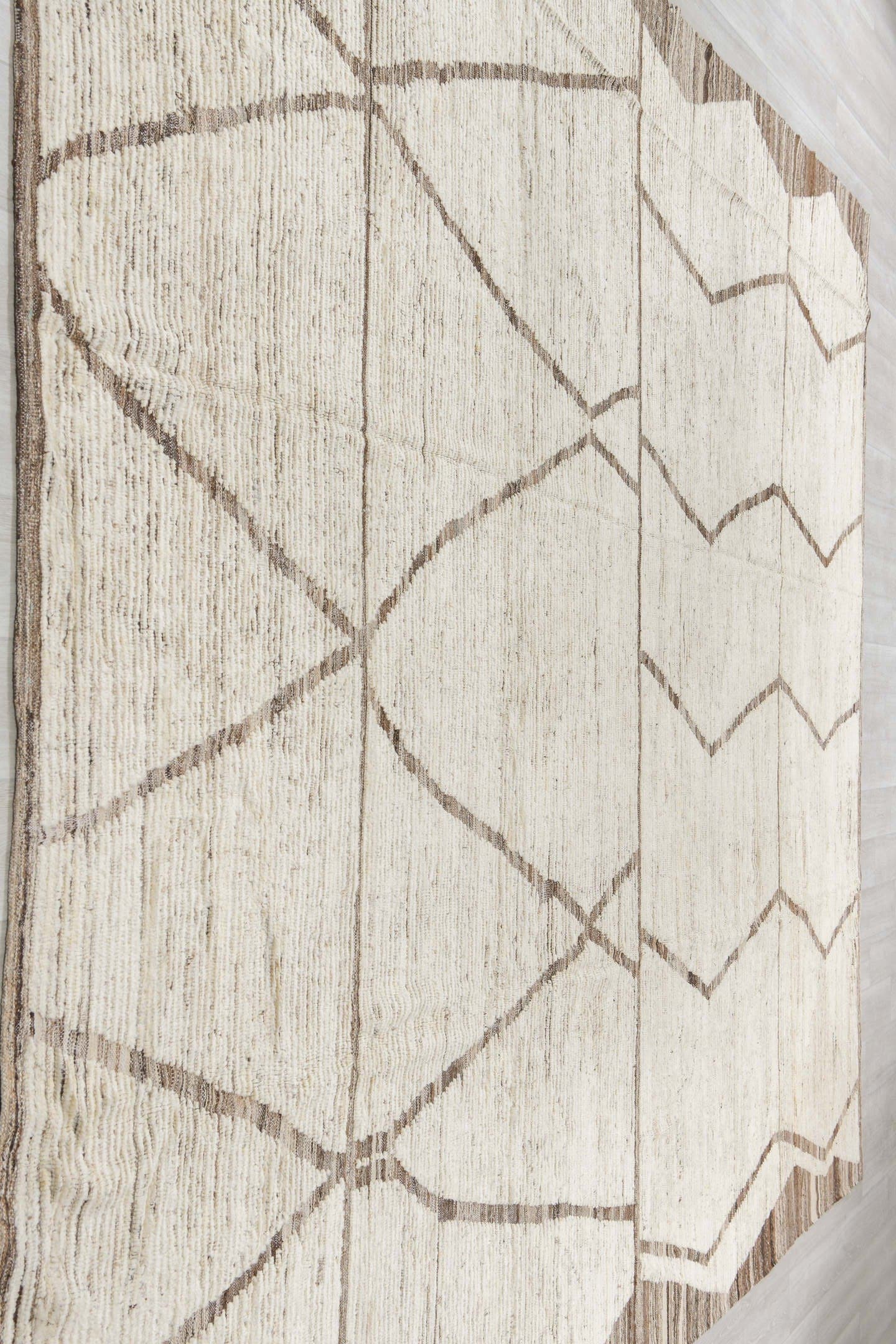 11' x 13' one-of-a-kind handmade vintage Tulu oversize rug. Color palette: ivory, taupe, charcoal, brown, cream, beige, gray