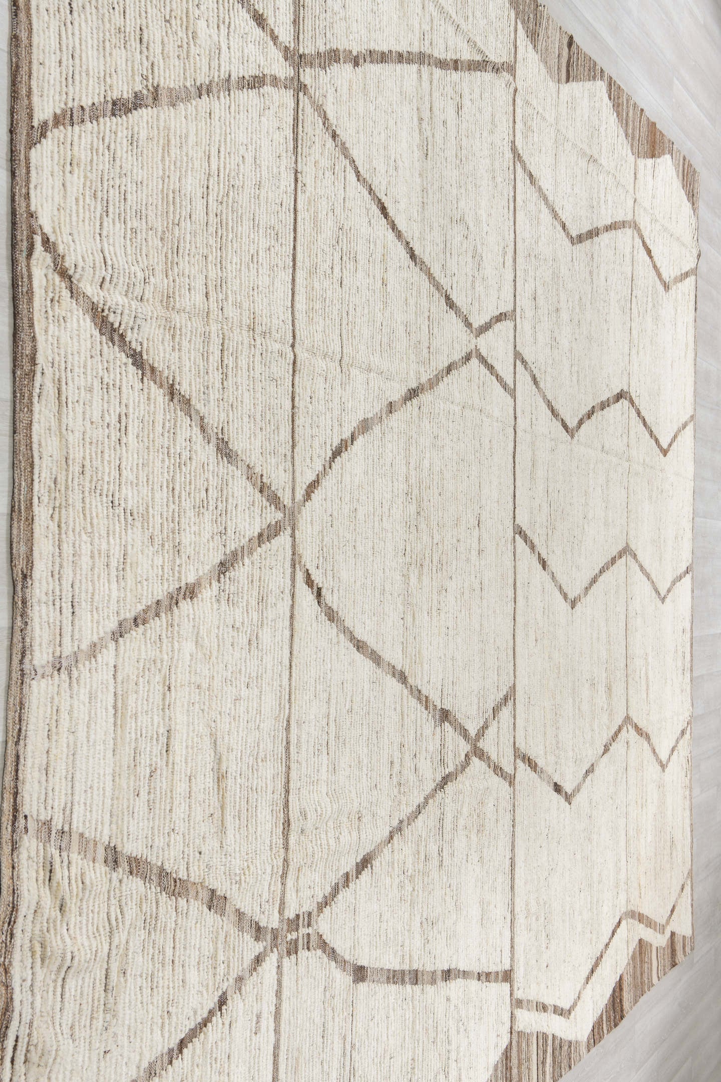 11' x 13' one-of-a-kind handmade vintage Tulu oversize rug. Color palette: ivory, taupe, charcoal, brown, cream, beige, gray