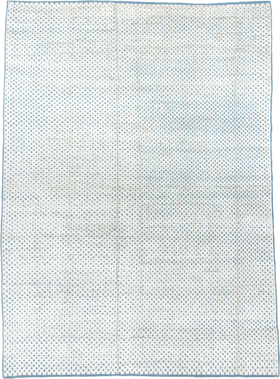 7' x 10' one-of-a-kind handmade vintage Tulu large size rug. Color palette: ivory, sky blue, light blue