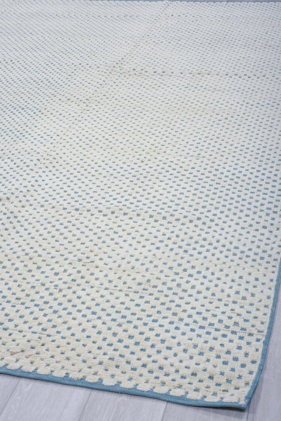 7' x 10' one-of-a-kind handmade vintage Tulu large size rug. Color palette: ivory, sky blue, light blue