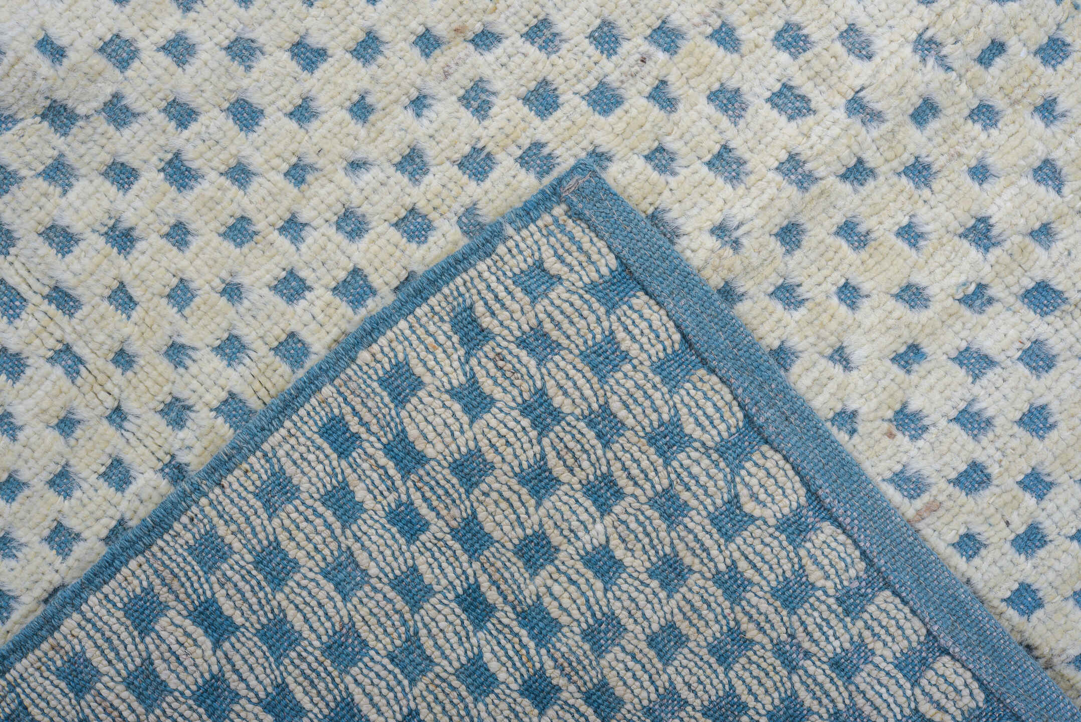 7' x 10' one-of-a-kind handmade vintage Tulu large size rug. Color palette: ivory, sky blue, light blue