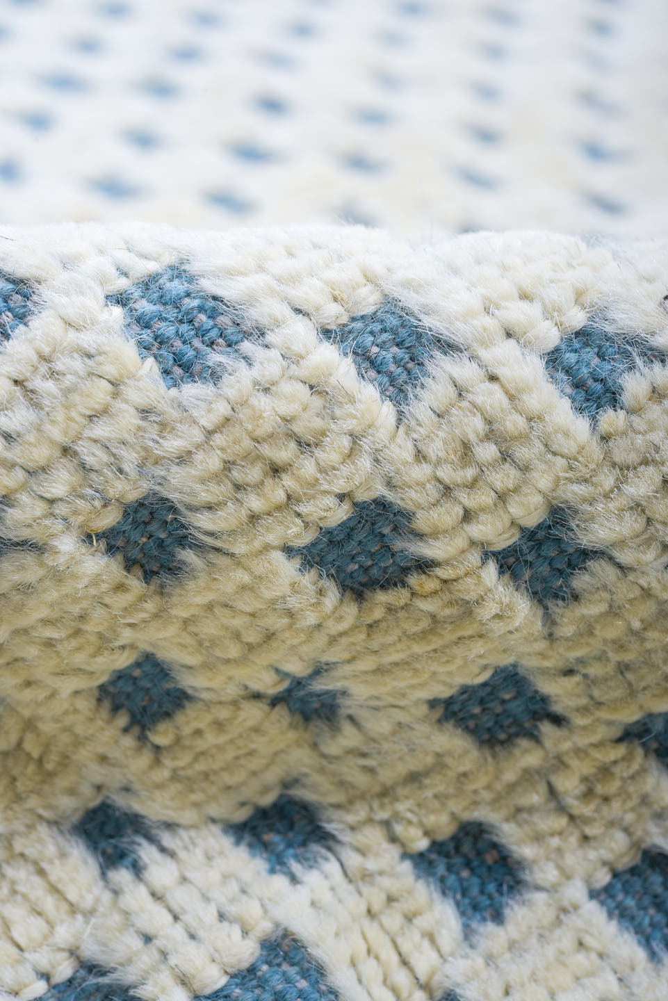 7' x 10' one-of-a-kind handmade vintage Tulu large size rug. Color palette: ivory, sky blue, light blue