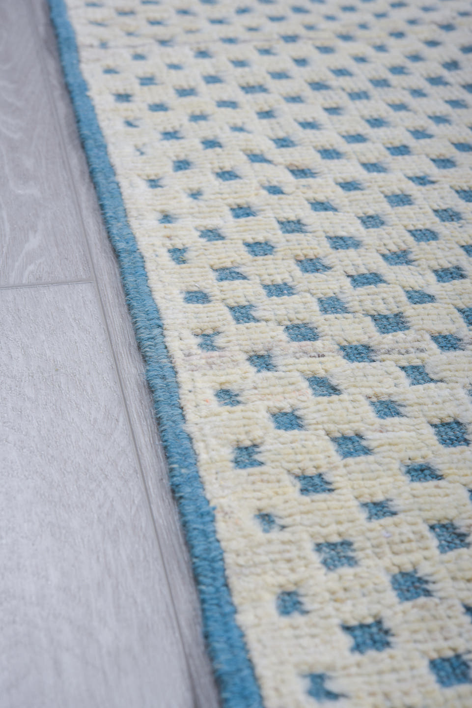 7' x 10' one-of-a-kind handmade vintage Tulu large size rug. Color palette: ivory, sky blue, light blue