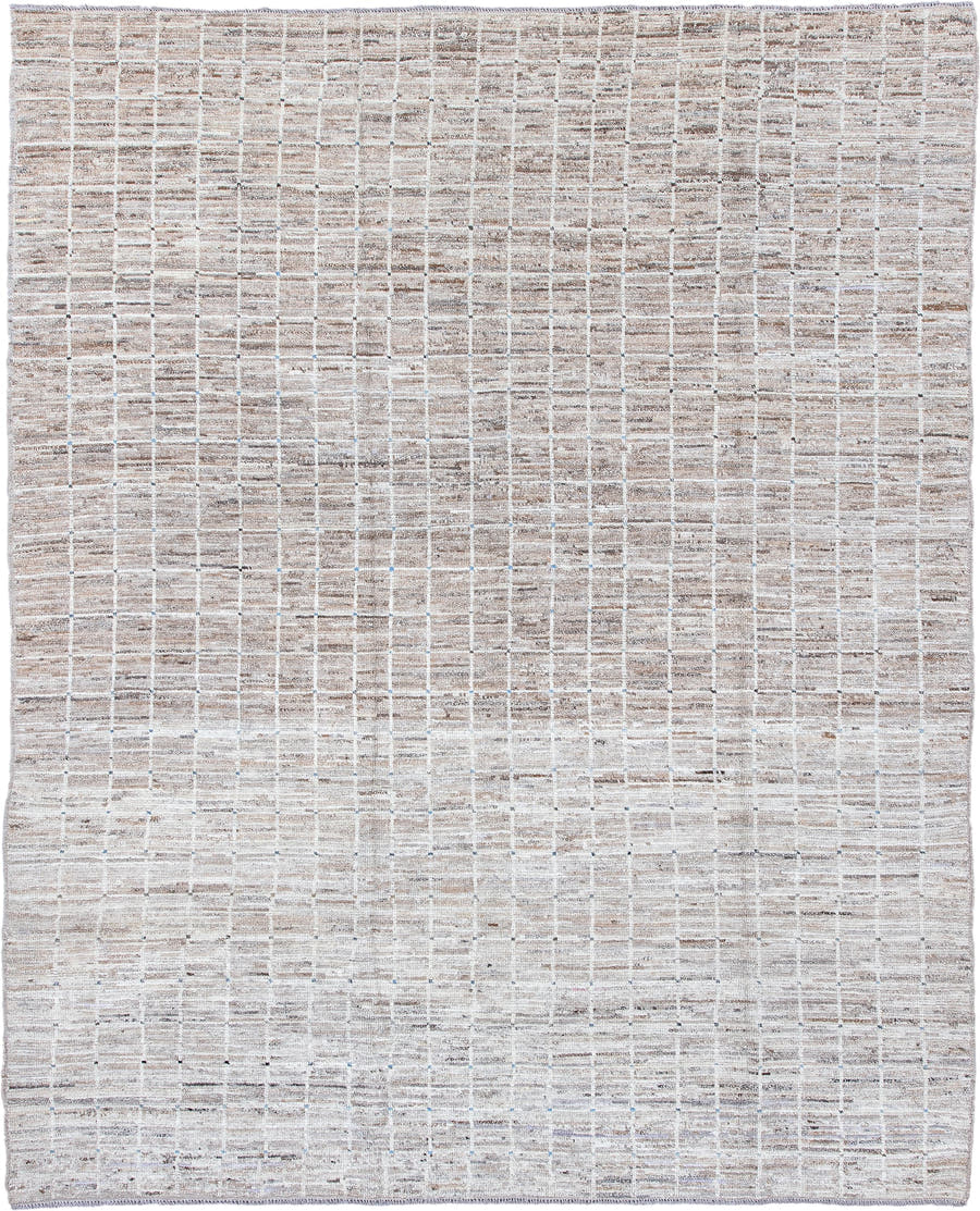 8' x 9' one-of-a-kind handmade vintage Tulu large size rug. Color palette: ivory, taupe, beige, camel, light brown, gray