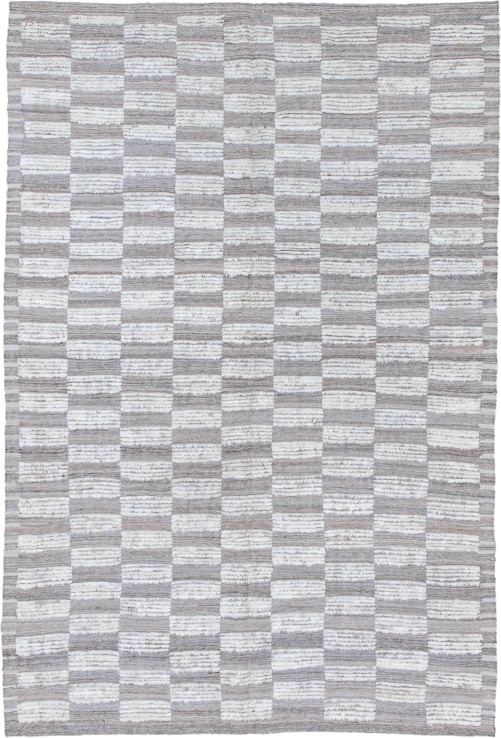 6' x 9' one-of-a-kind handmade vintage Tulu medium size rug. Color palette: ivory, taupe, gray, cream, beige