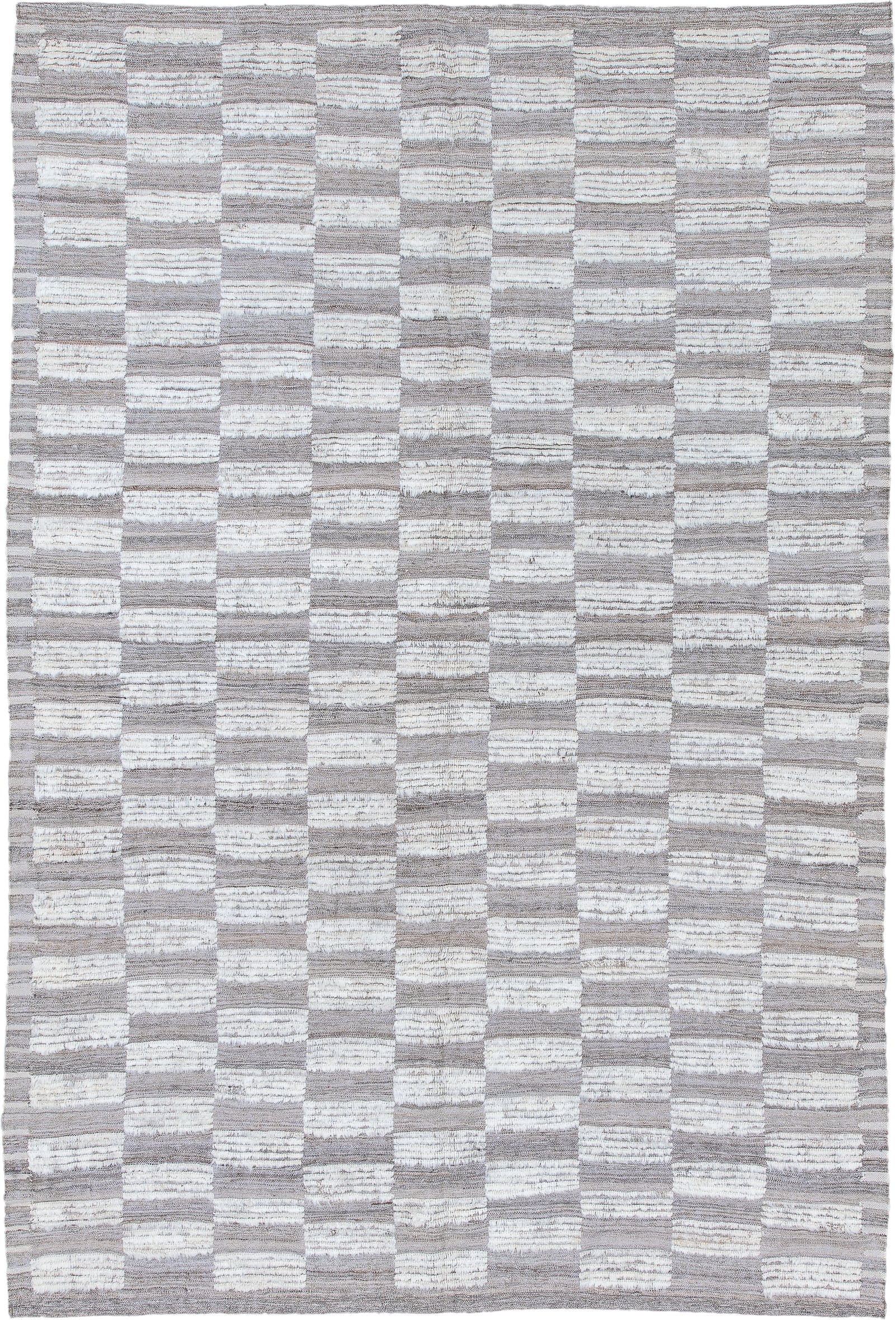 6' x 9' one-of-a-kind handmade vintage Tulu medium size rug. Color palette: ivory, taupe, gray, cream, beige