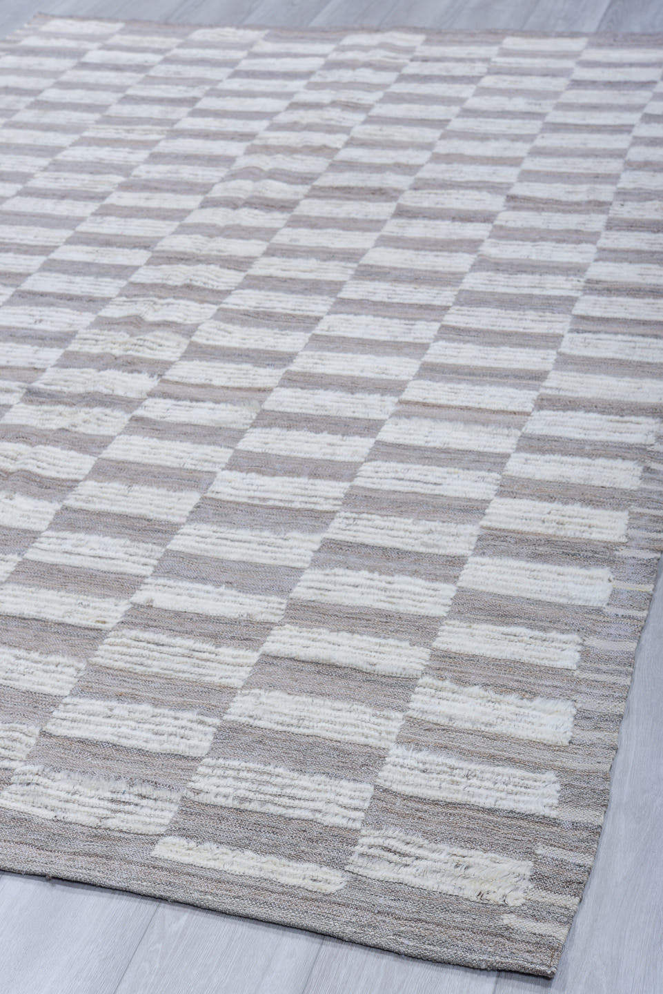 6' x 9' one-of-a-kind handmade vintage Tulu medium size rug. Color palette: ivory, taupe, gray, cream, beige