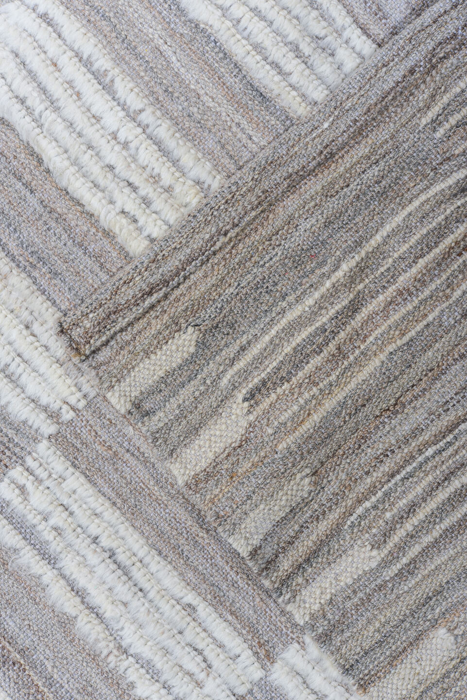 6' x 9' one-of-a-kind handmade vintage Tulu medium size rug. Color palette: ivory, taupe, gray, cream, beige