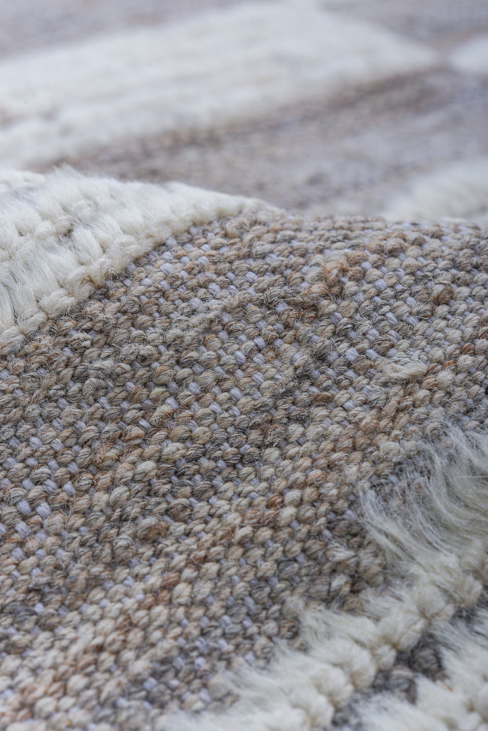 6' x 9' one-of-a-kind handmade vintage Tulu medium size rug. Color palette: ivory, taupe, gray, cream, beige