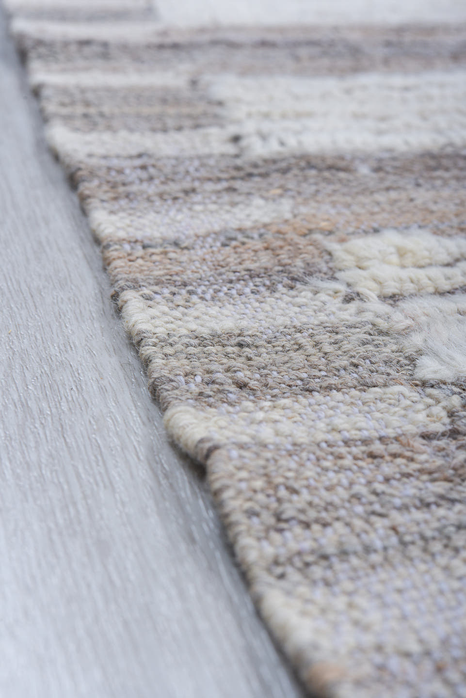 6' x 9' one-of-a-kind handmade vintage Tulu medium size rug. Color palette: ivory, taupe, gray, cream, beige