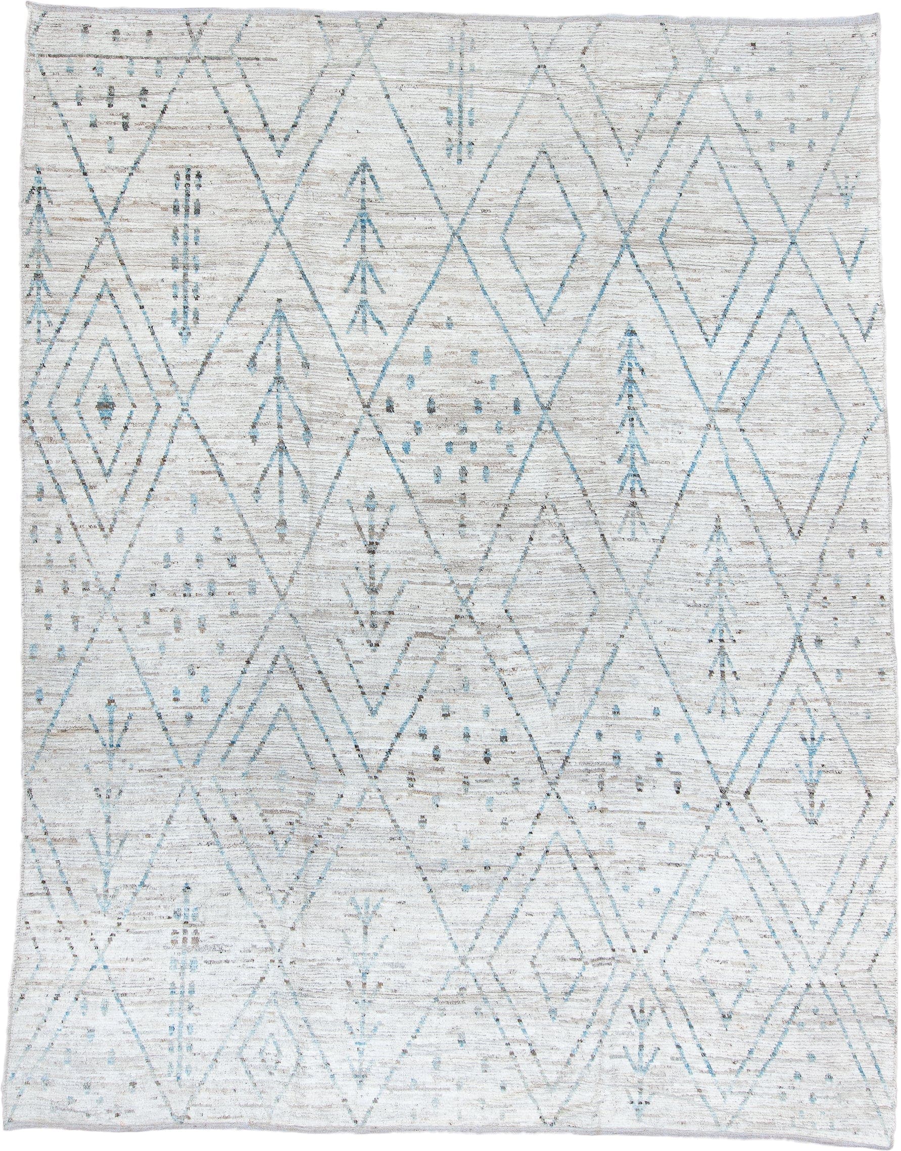 10' x 13' one-of-a-kind handmade vintage Tulu large size rug. Color palette: ivory, sky blue, taupe, light gray, charcoal