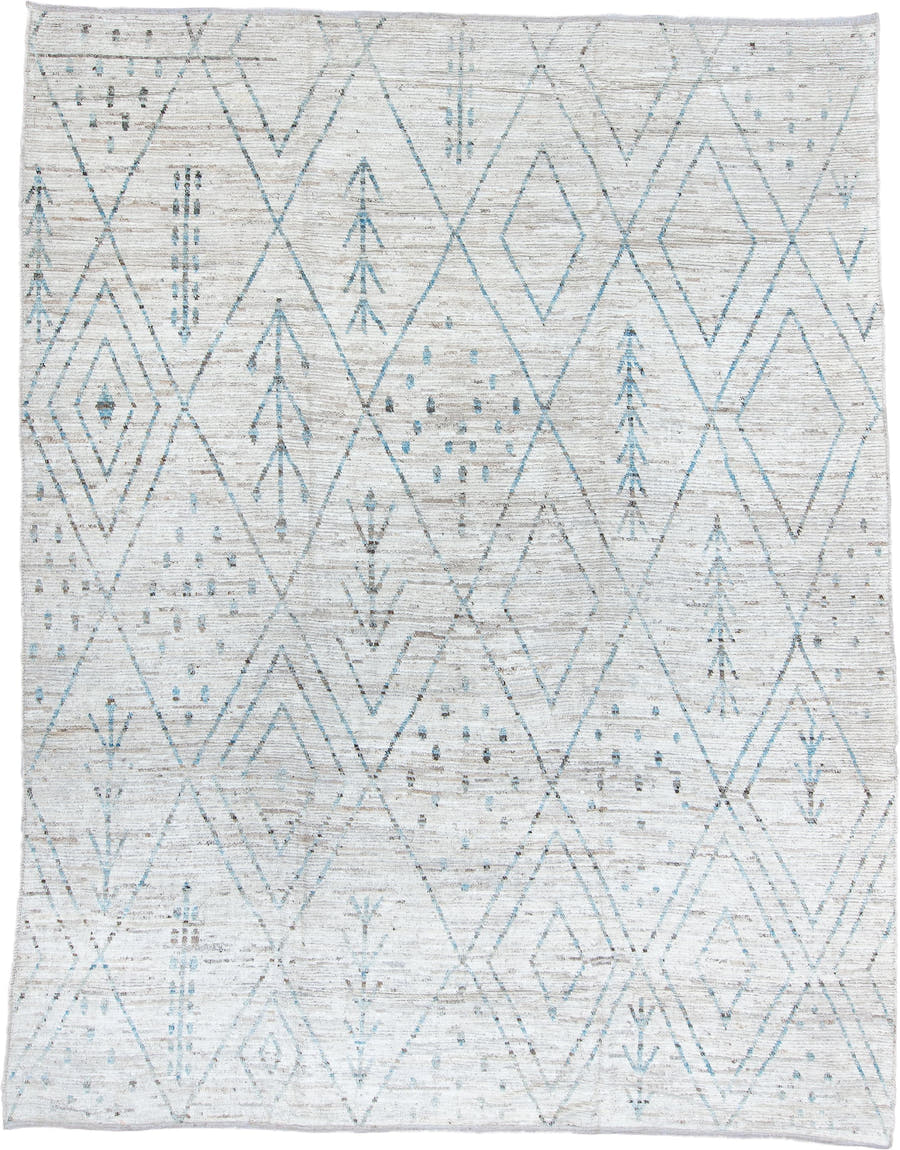 10' x 13' one-of-a-kind handmade vintage Tulu large size rug. Color palette: ivory, sky blue, taupe, light gray, charcoal