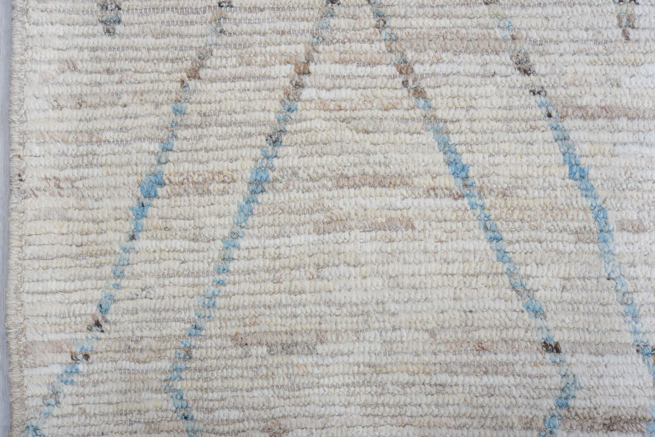 10' x 13' one-of-a-kind handmade vintage Tulu large size rug. Color palette: ivory, sky blue, taupe, light gray, charcoal