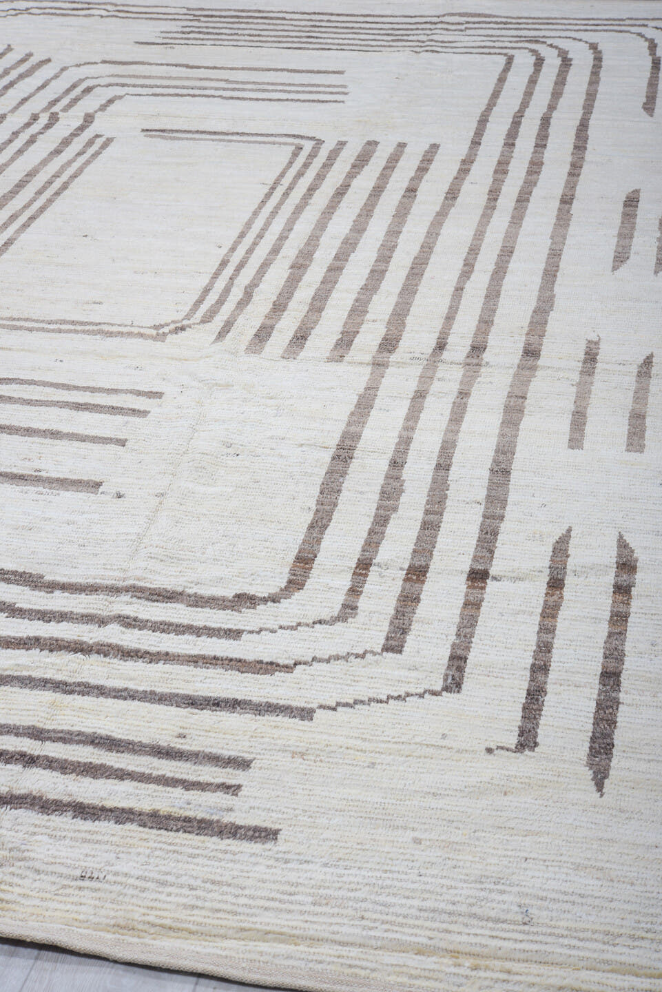 10' x 14' one-of-a-kind handmade vintage Tulu large size rug. Color palette: ivory, charcoal, taupe, gray, black, beige