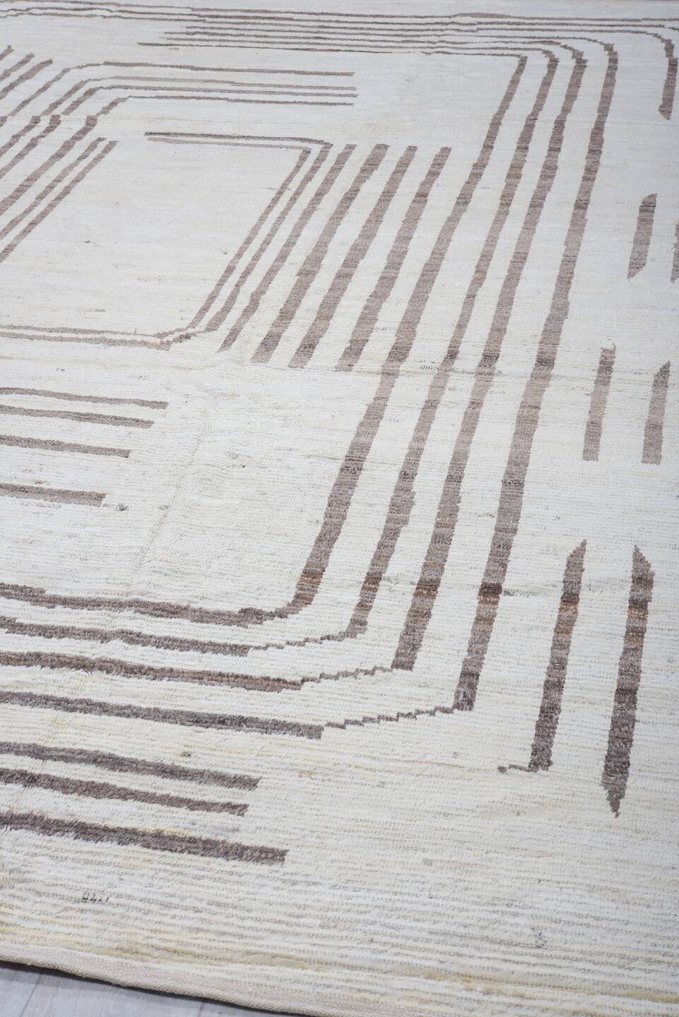 10' x 14' one-of-a-kind handmade vintage Tulu large size rug. Color palette: ivory, charcoal, taupe, gray, black, beige