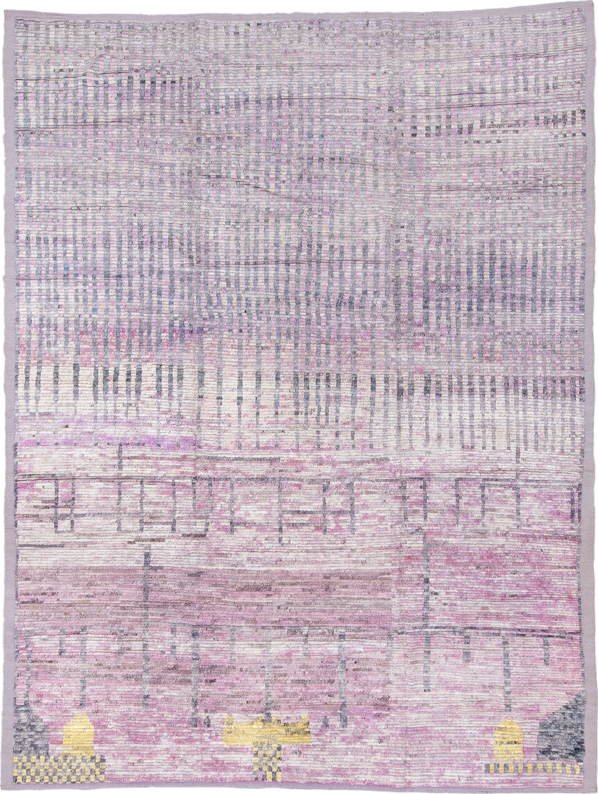 10' x 13' one-of-a-kind handmade vintage Tulu large size rug. Color palette: lavender, ivory, gray, pink, charcoal, yellow