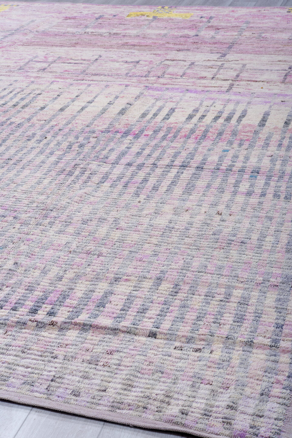 10' x 13' one-of-a-kind handmade vintage Tulu large size rug. Color palette: lavender, ivory, gray, pink, charcoal, yellow