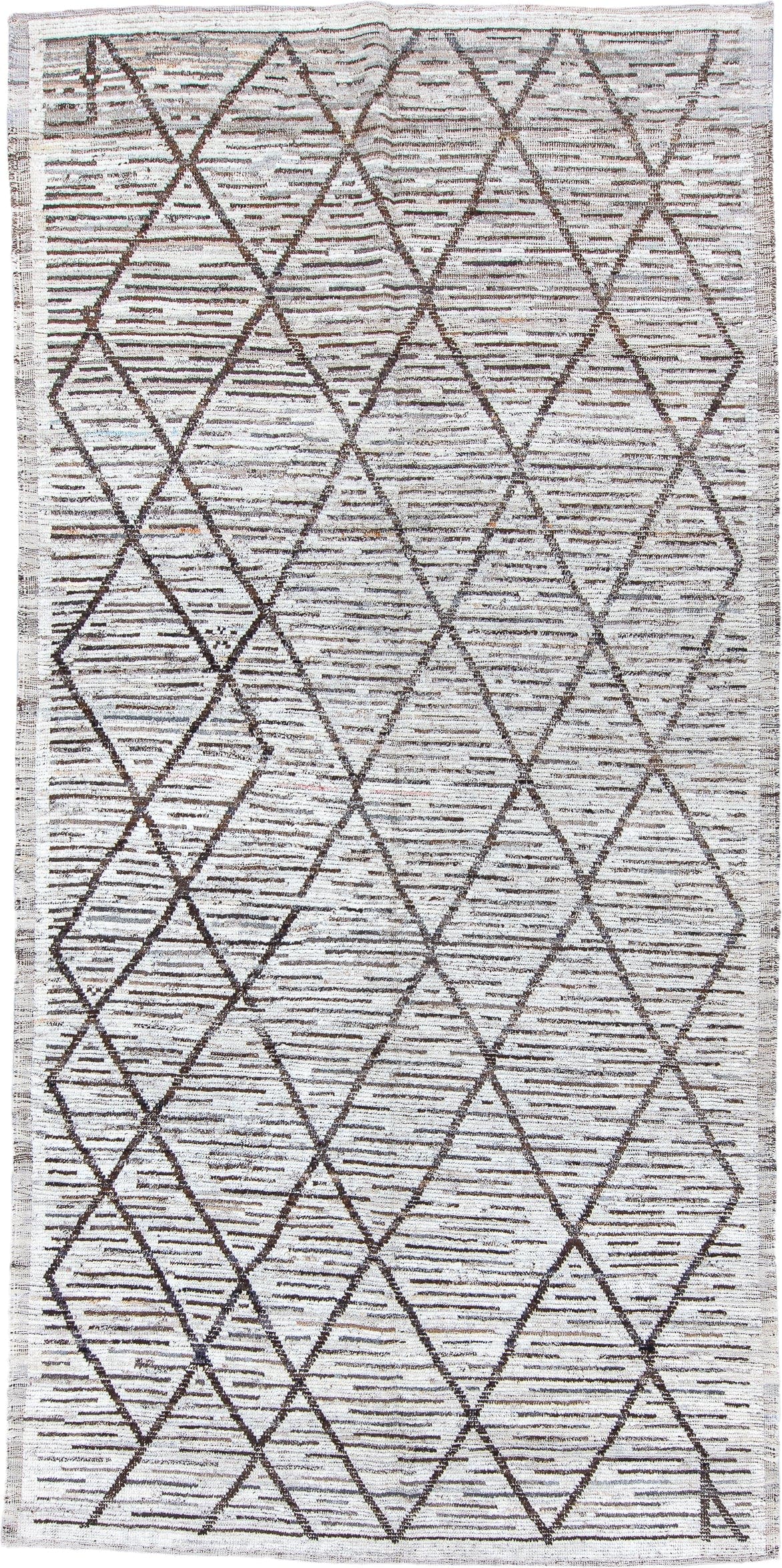 6' x 13' one-of-a-kind handmade vintage Tulu large size rug. Color palette: ivory, charcoal, taupe, brown, gray, black