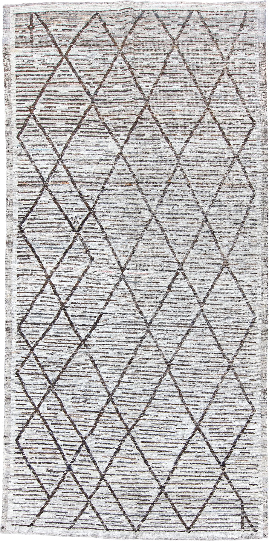 6' x 13' one-of-a-kind handmade vintage Tulu large size rug. Color palette: ivory, charcoal, taupe, brown, gray, black
