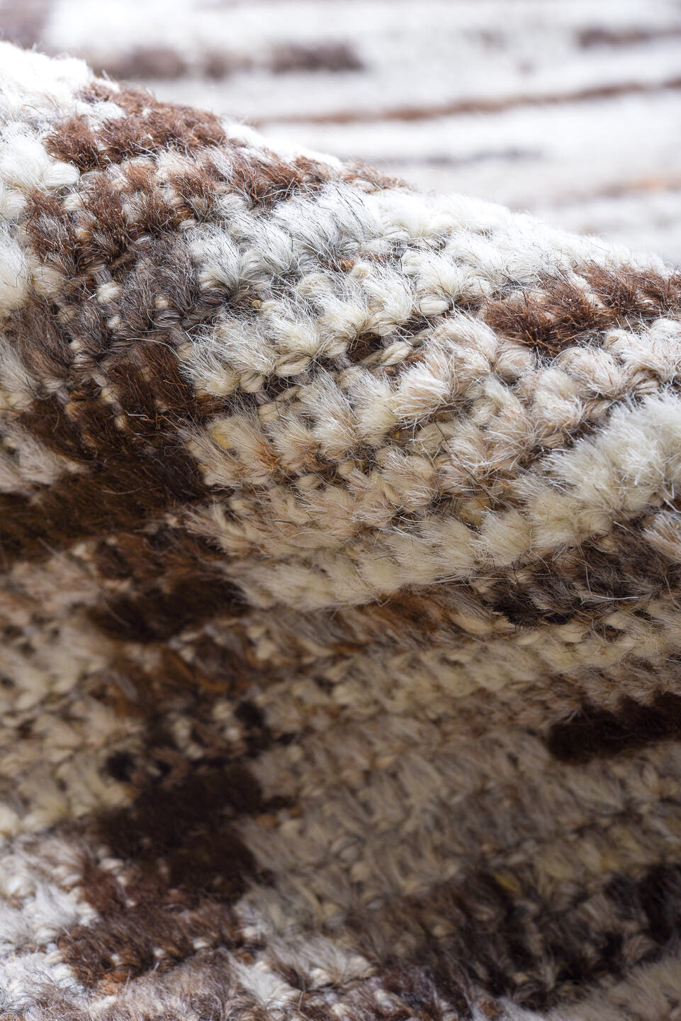 6' x 13' one-of-a-kind handmade vintage Tulu large size rug. Color palette: ivory, charcoal, taupe, brown, gray, black