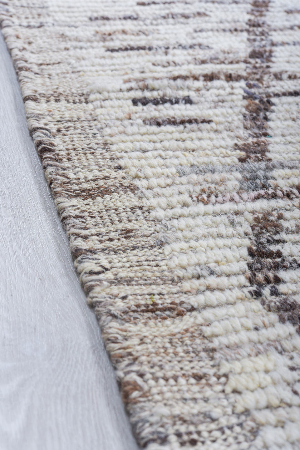 6' x 13' one-of-a-kind handmade vintage Tulu large size rug. Color palette: ivory, charcoal, taupe, brown, gray, black