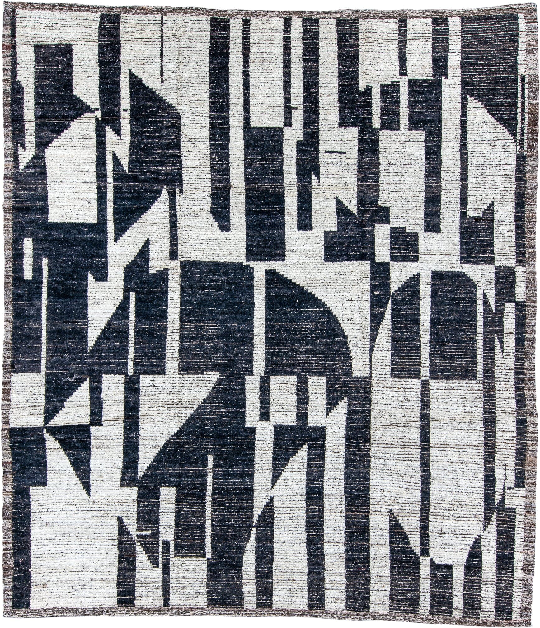 9' x 11' one-of-a-kind handmade vintage Tulu large size rug. Color palette: ivory, charcoal, slate, taupe, gray, black