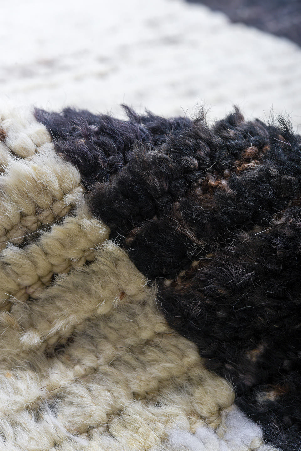 9' x 11' one-of-a-kind handmade vintage Tulu large size rug. Color palette: ivory, charcoal, slate, taupe, gray, black