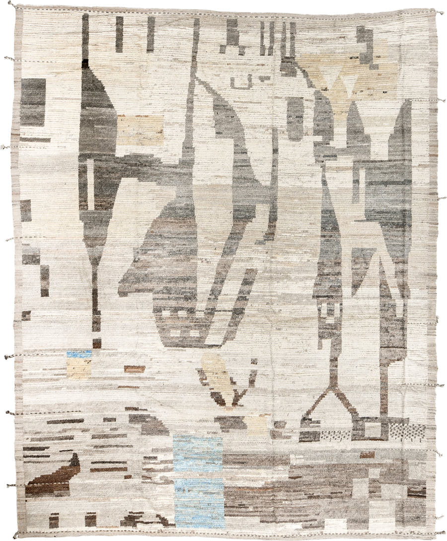 10' x 13' one-of-a-kind handmade vintage Tulu large size rug. Color palette: ivory, taupe, charcoal, brown, cream, pale_blue
