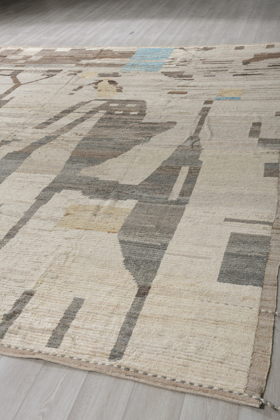 10' x 13' one-of-a-kind handmade vintage Tulu large size rug. Color palette: ivory, taupe, charcoal, brown, cream, pale_blue
