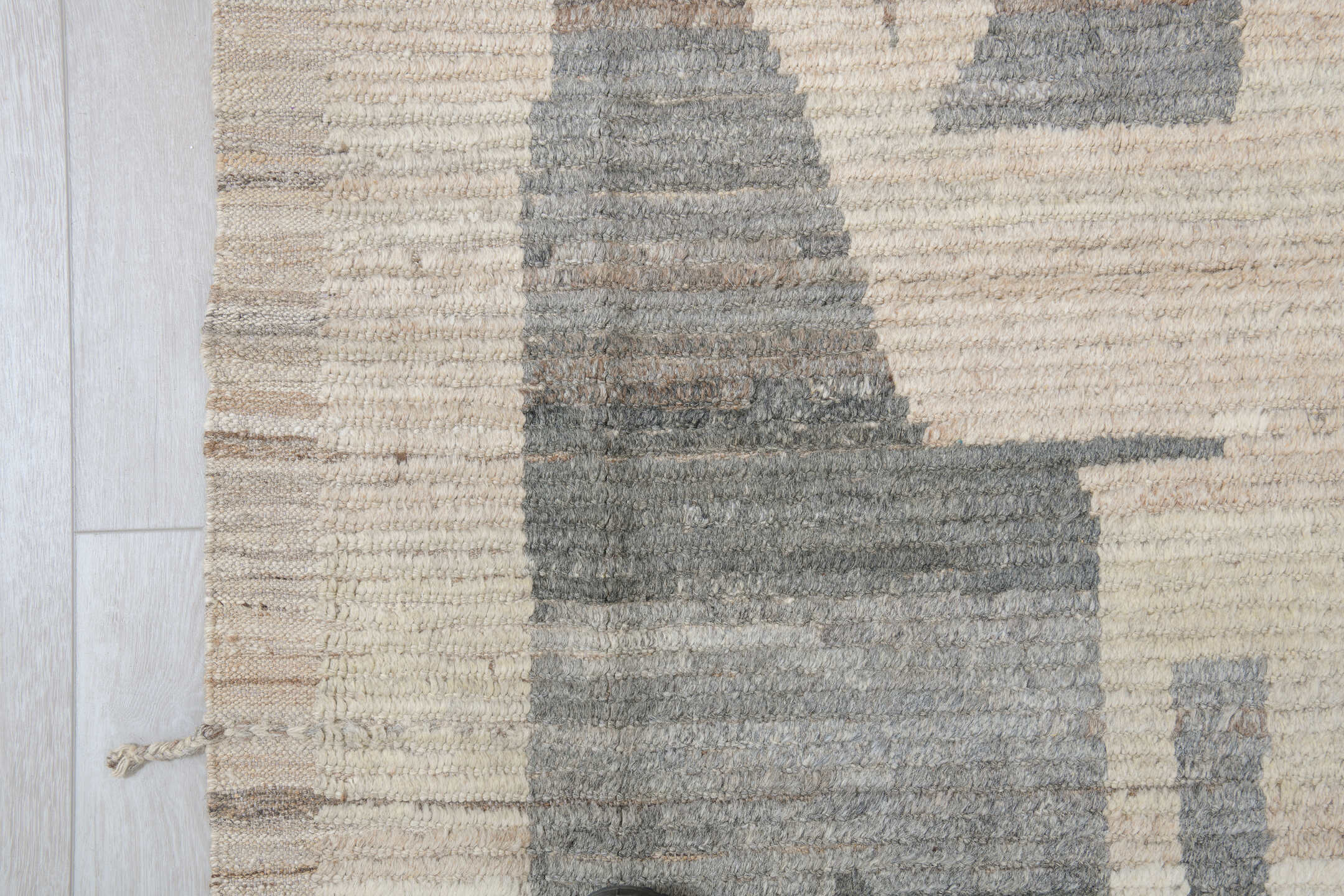 10' x 13' one-of-a-kind handmade vintage Tulu large size rug. Color palette: ivory, taupe, charcoal, brown, cream, pale_blue