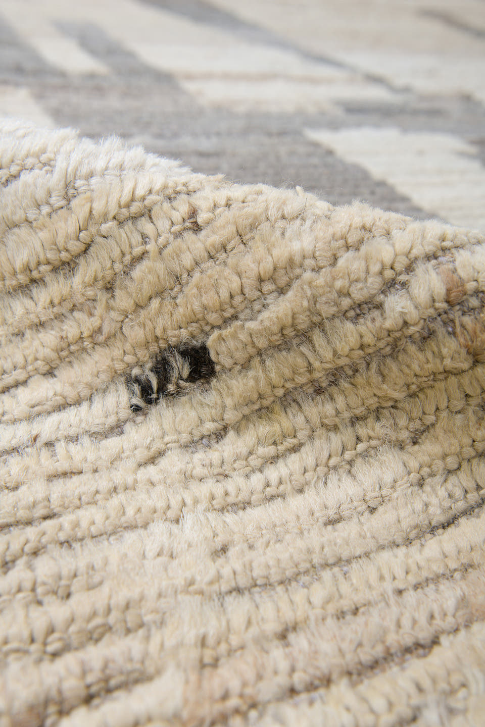 10' x 13' one-of-a-kind handmade vintage Tulu large size rug. Color palette: ivory, taupe, charcoal, brown, cream, pale_blue