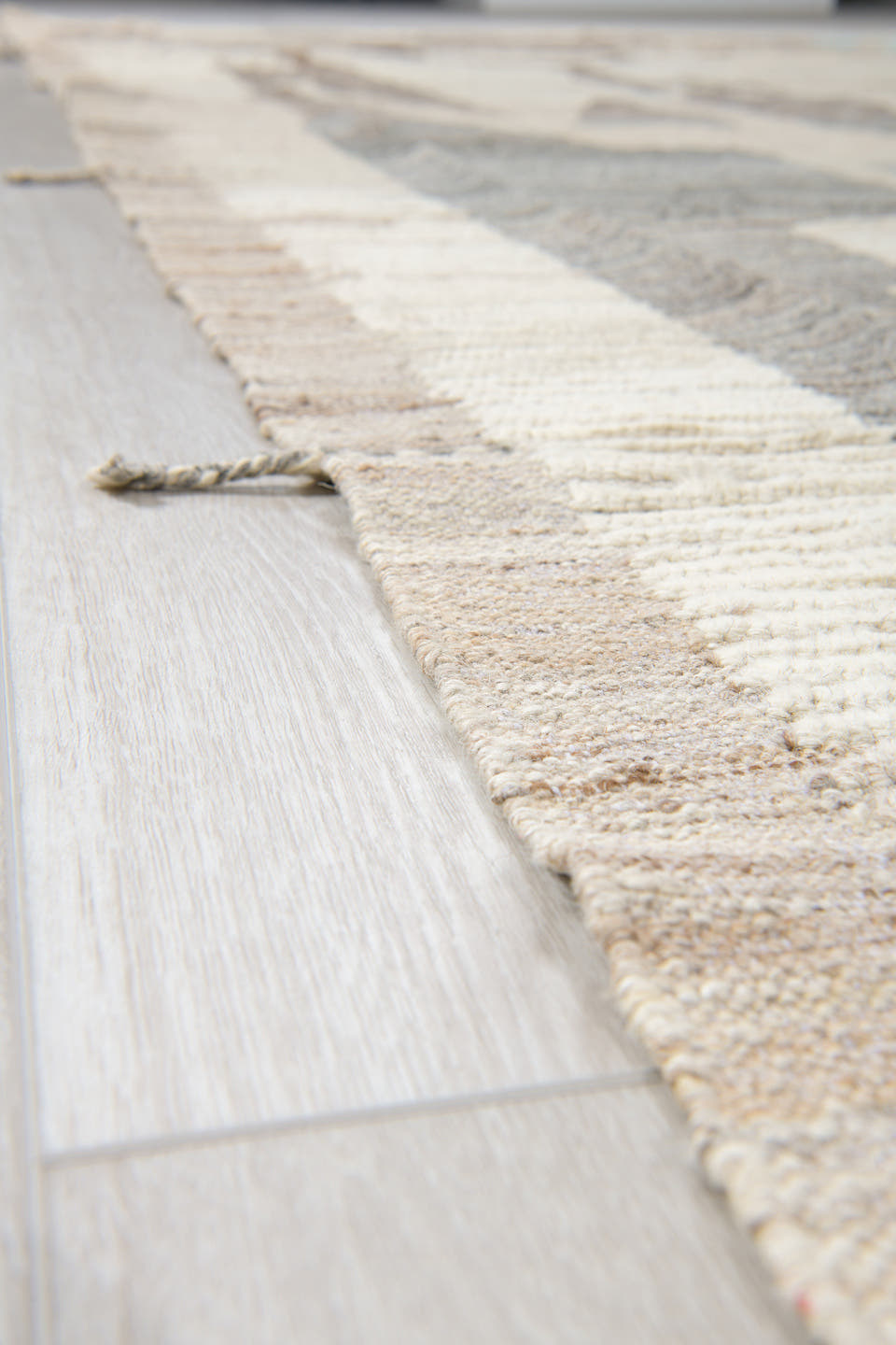 10' x 13' one-of-a-kind handmade vintage Tulu large size rug. Color palette: ivory, taupe, charcoal, brown, cream, pale_blue