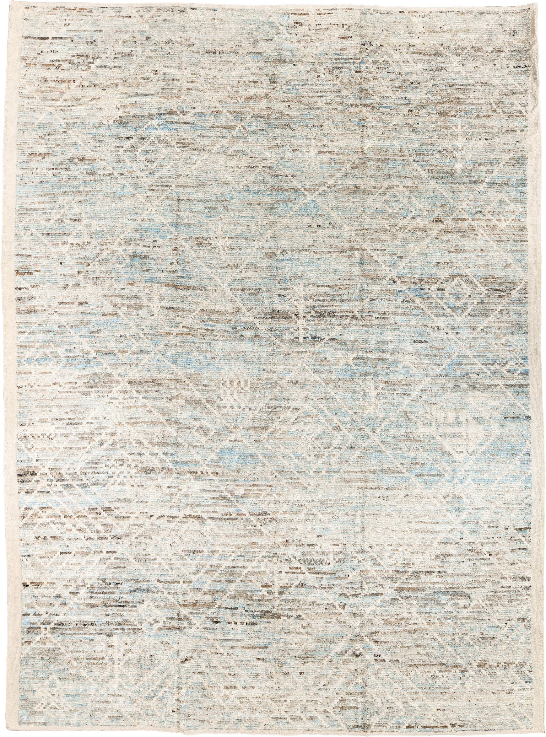 10' x 13' one-of-a-kind handmade vintage Tulu large size rug. Color palette: ivory, sky blue, taupe, beige, camel, brown