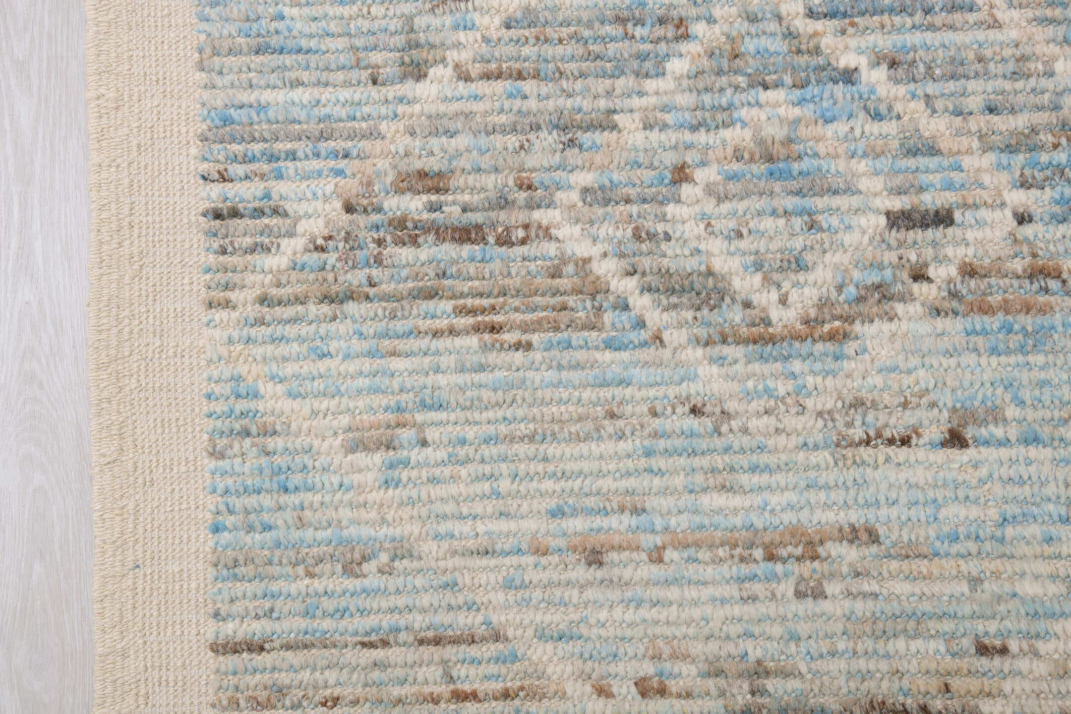 10' x 13' one-of-a-kind handmade vintage Tulu large size rug. Color palette: ivory, sky blue, taupe, beige, camel, brown