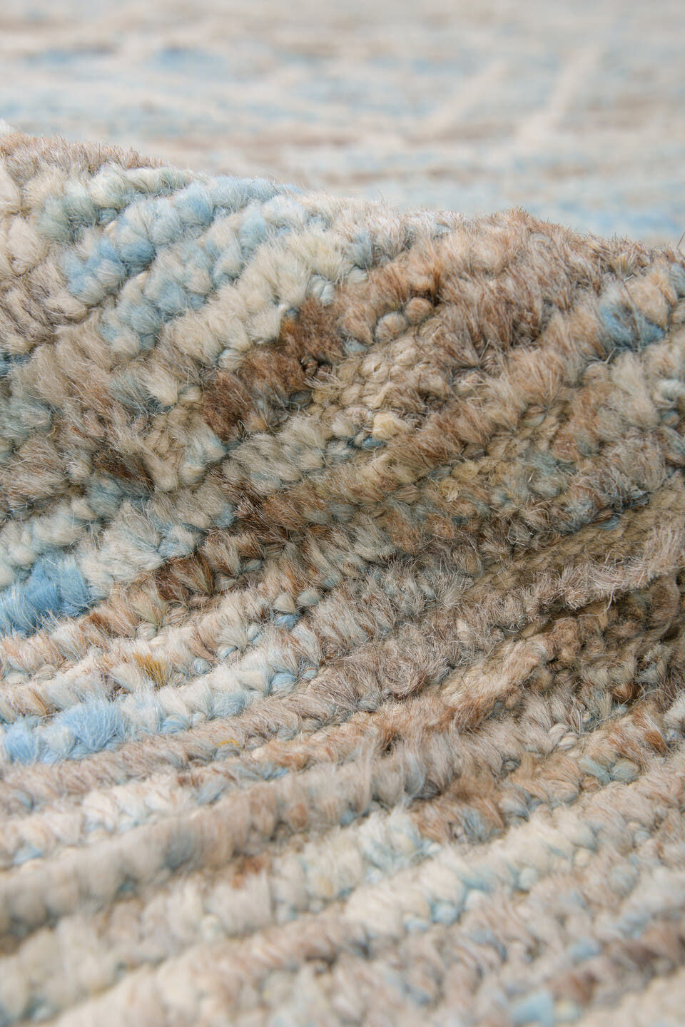 10' x 13' one-of-a-kind handmade vintage Tulu large size rug. Color palette: ivory, sky blue, taupe, beige, camel, brown