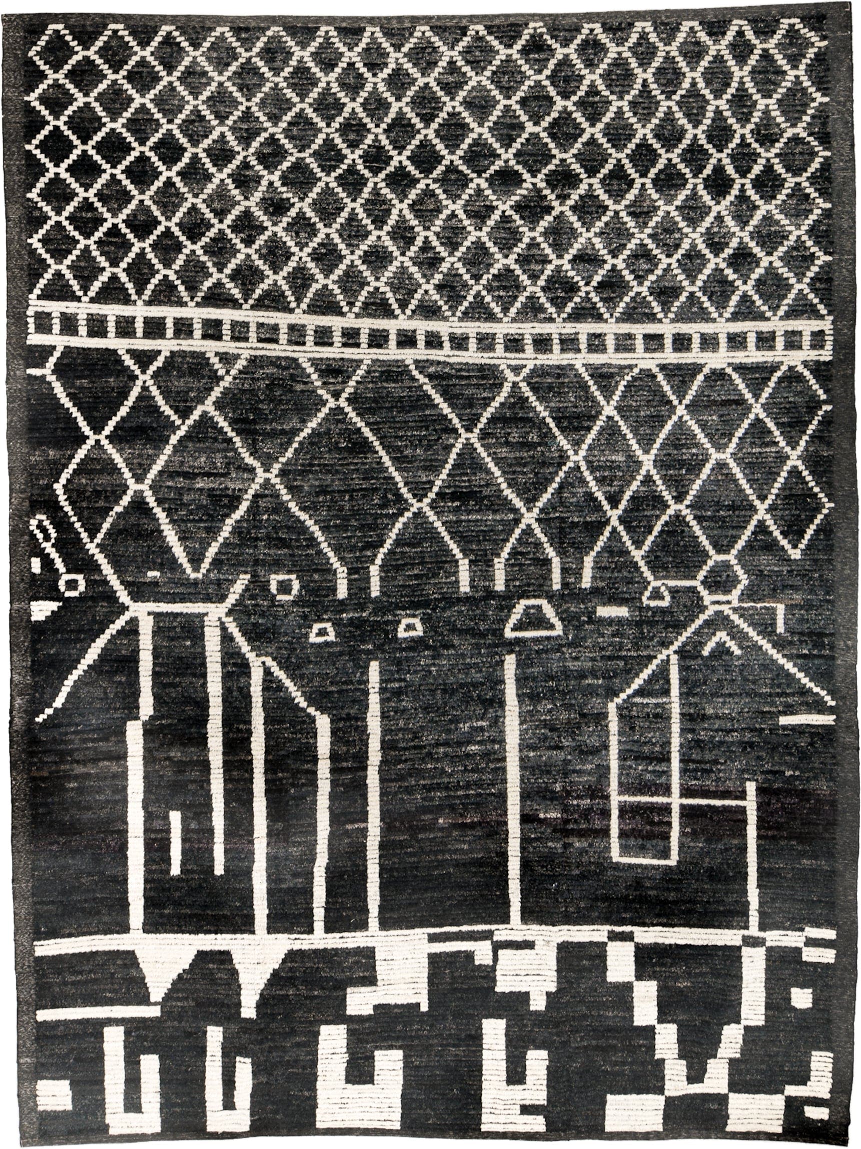 9' x 12' one-of-a-kind handmade vintage Tulu large size rug. Color palette: charcoal, ivory, slate, ebony, gray, black