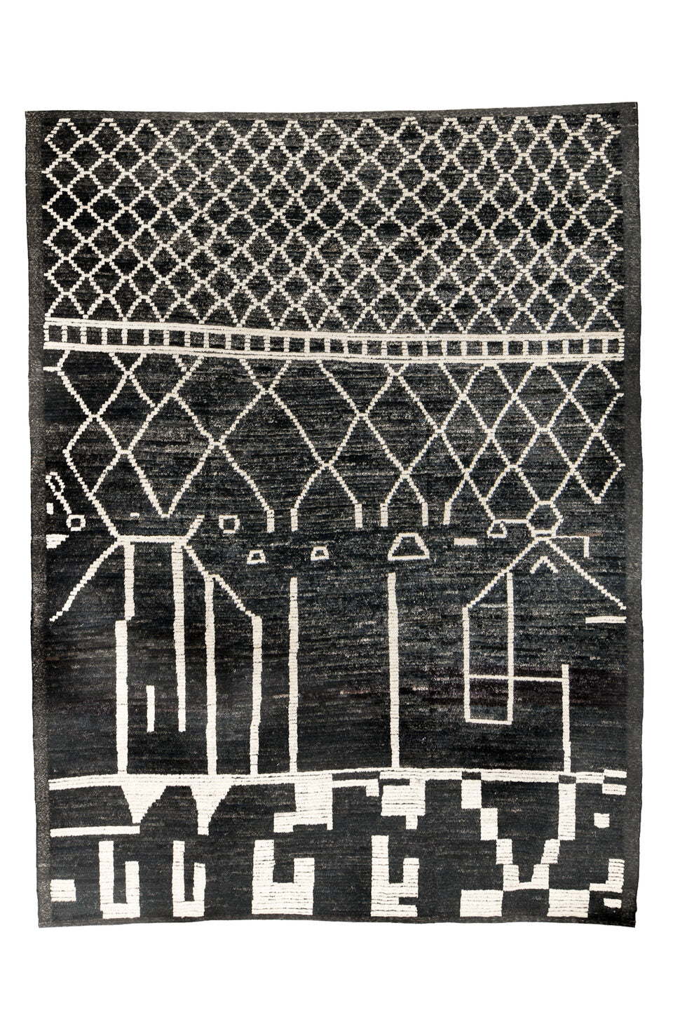 9' x 12' one-of-a-kind handmade vintage Tulu large size rug. Color palette: black, brown, charcoal, dark gray, dim gray