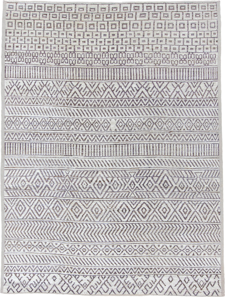 9' x 12' one-of-a-kind handmade vintage Tulu large size rug. Color palette: ivory, taupe, brown, charcoal, beige, gray