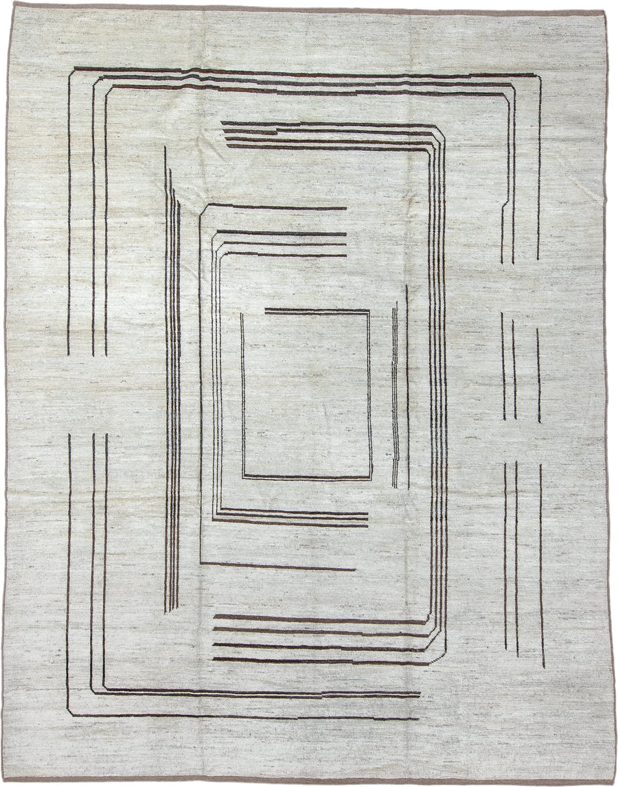 9' x 12' one-of-a-kind handmade vintage Tulu large size rug. Color palette: ivory, charcoal, taupe, gray, black, beige
