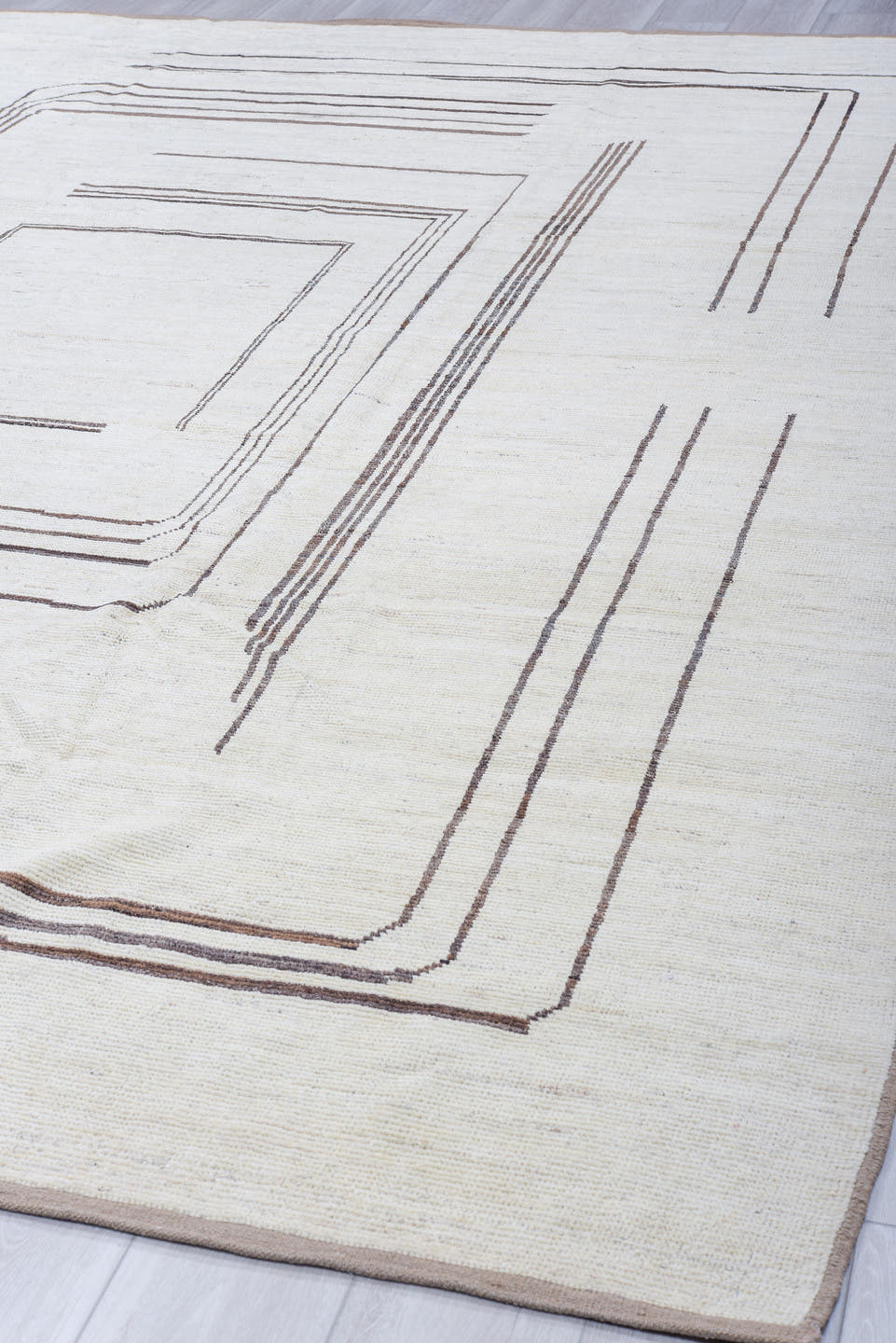 9' x 12' one-of-a-kind handmade vintage Tulu large size rug. Color palette: ivory, charcoal, taupe, gray, black, beige