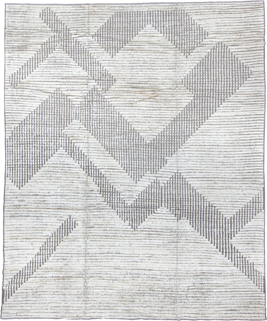 9' x 11' one-of-a-kind handmade vintage Tulu large size rug. Color palette: ivory, taupe, gray, cream, beige