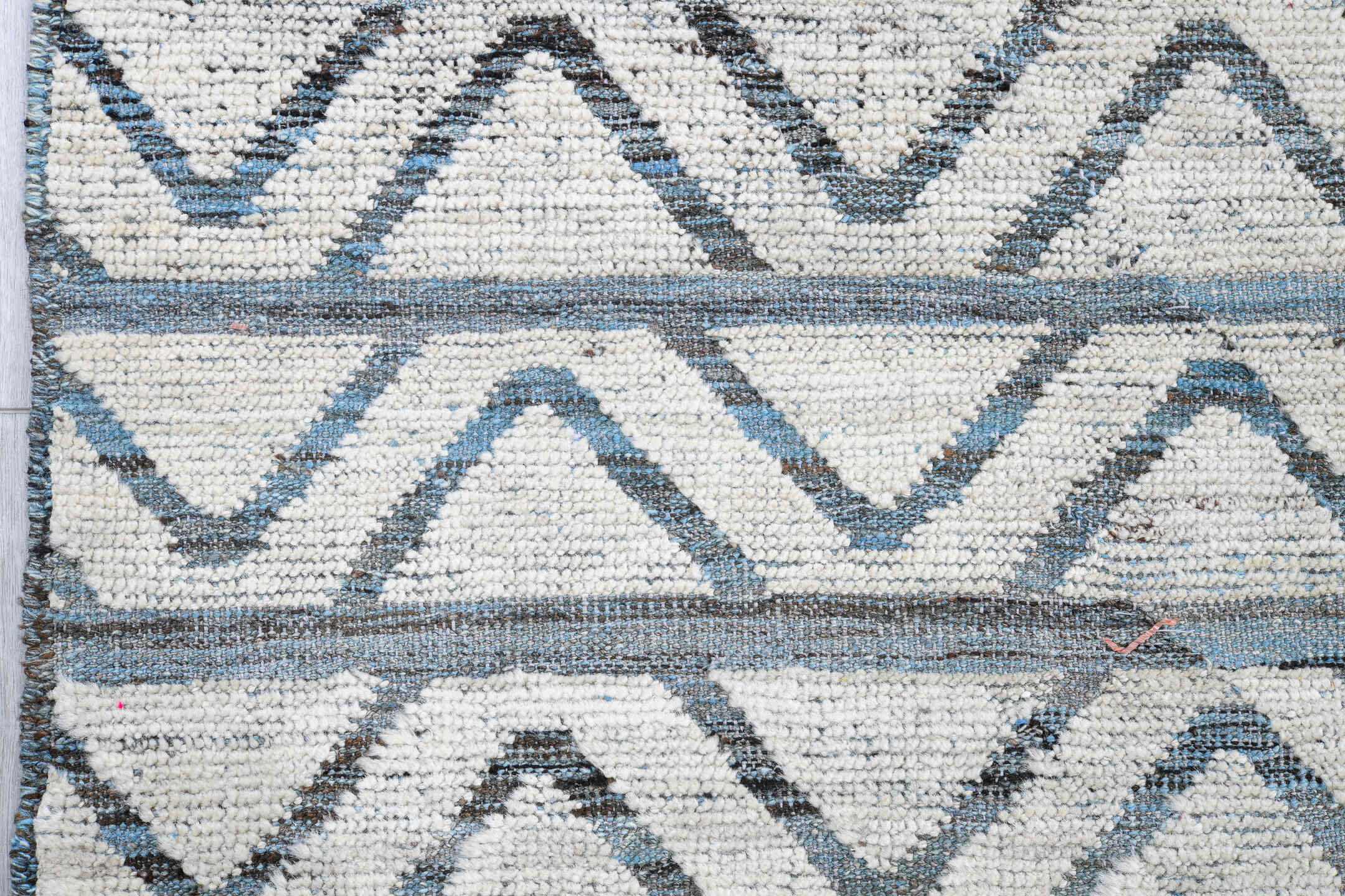 9' x 13' one-of-a-kind handmade vintage Tulu large size rug. Color palette: ivory, slate, blue, charcoal, gray, black